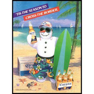 1988 Corona Extra Beer Vintage Print Ad Snowman Beach Sail Boats Surfboard Art